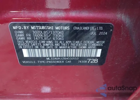 2024 Mitsubishi Mirage Es/Le from USA, damaged, VIN ML32AUHJ2RH020553